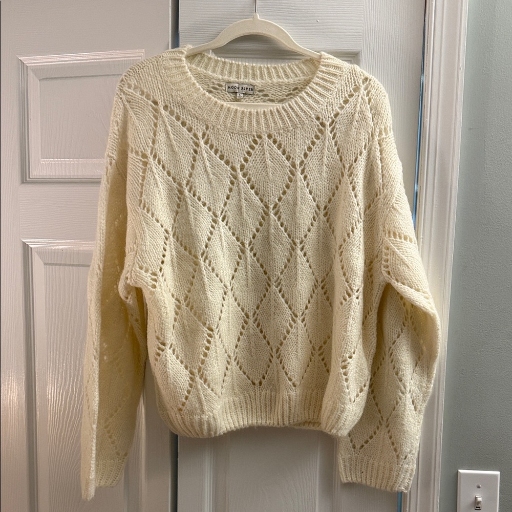 Moon River Cream Diamond Pointelle Knit Sweater – Cozy Cottagecore Pullover L